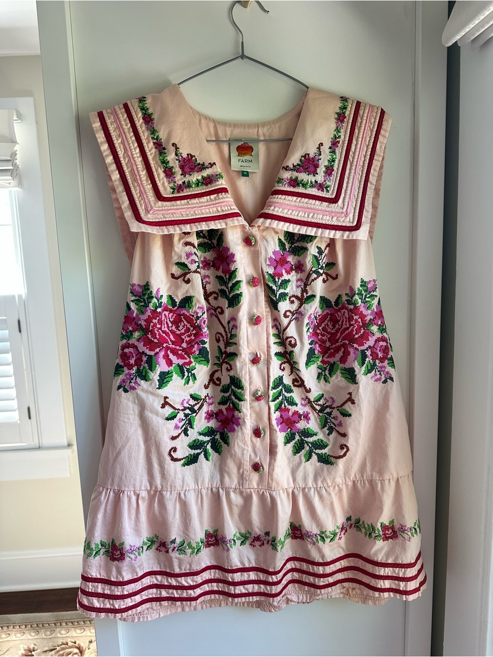 FARM Rio Pink Floral Embroidered Sailor-Collar Dress